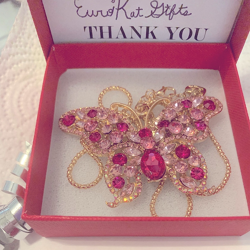 Betsey Johnson Colorful Butterfly pink gold Necklace cz Rhinestone NEW 18"-22" - Picture 11 of 12